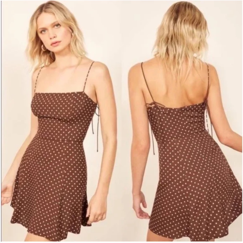Reformation polka dot tie string super mini dress